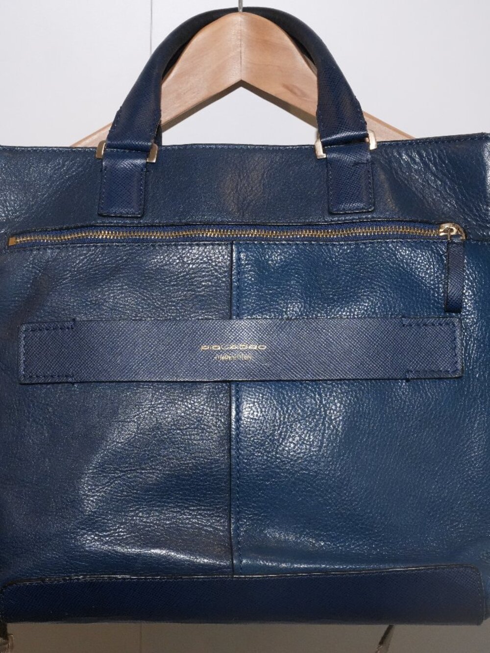 Piquadro Leather Work Tote Blue Two-Tone Crossbody Bag